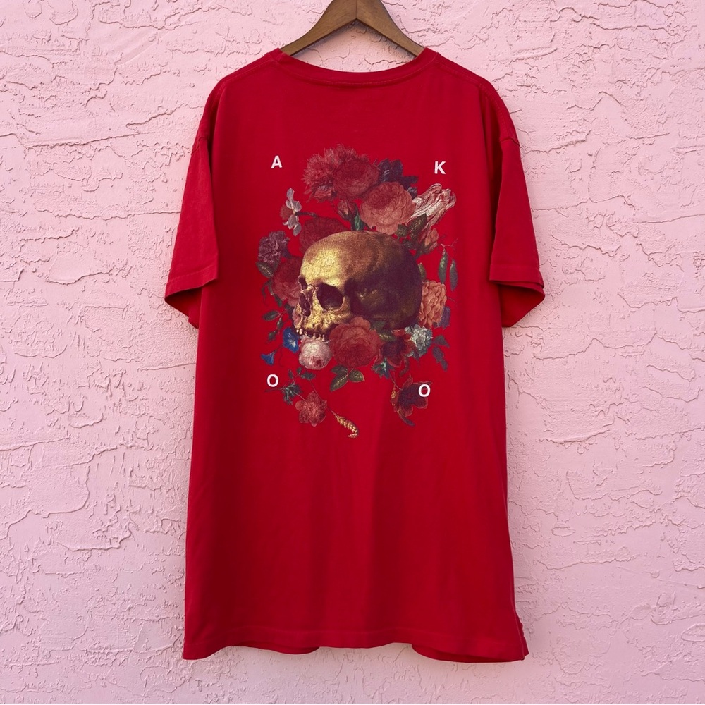 AKOO Graphic T-Shirt Red Floral Roses Skull Cotton Size 4XL Flaw